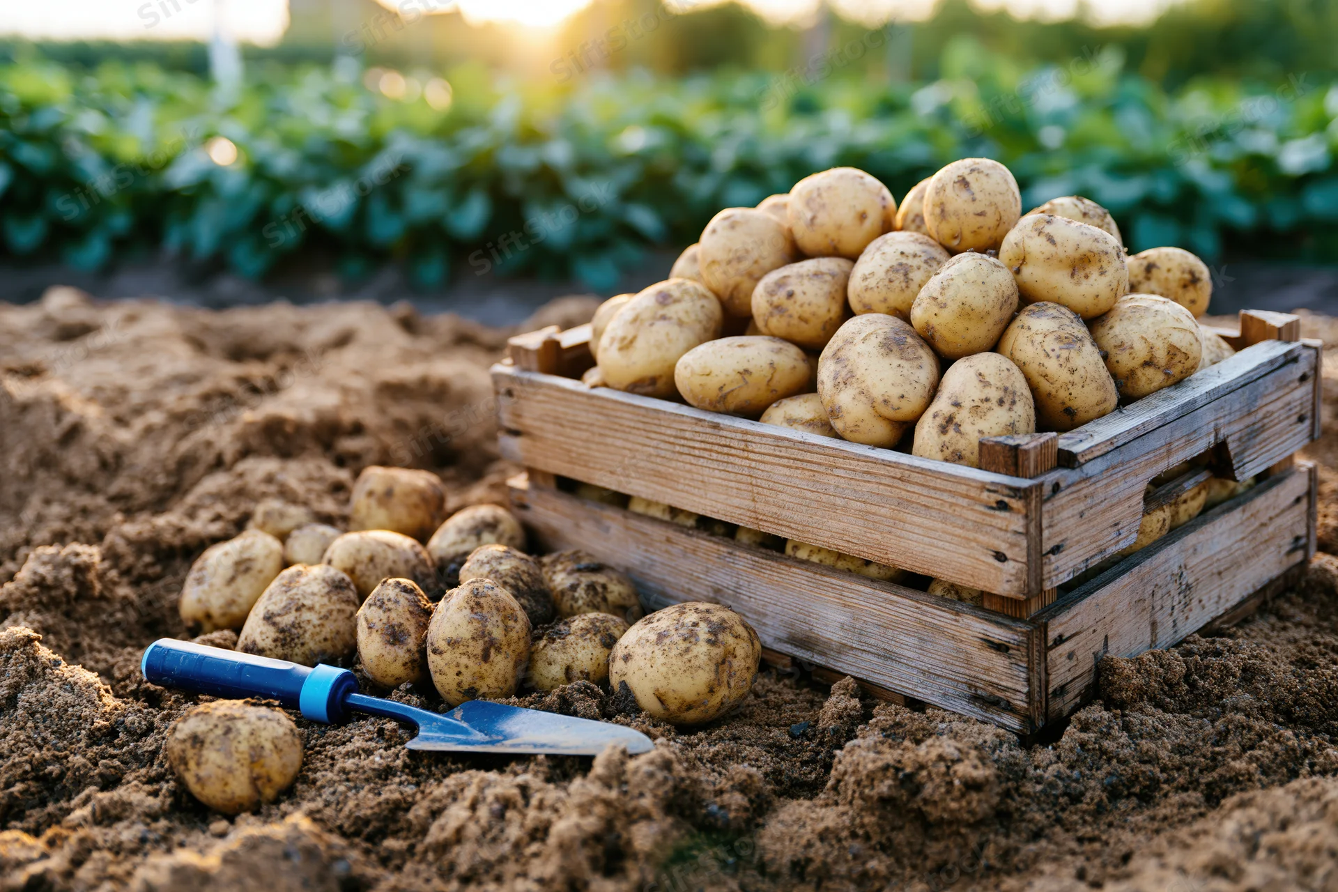 Freshly harvested potatoes piled in a weathered wooden crate on tilled soil in a field at sunset