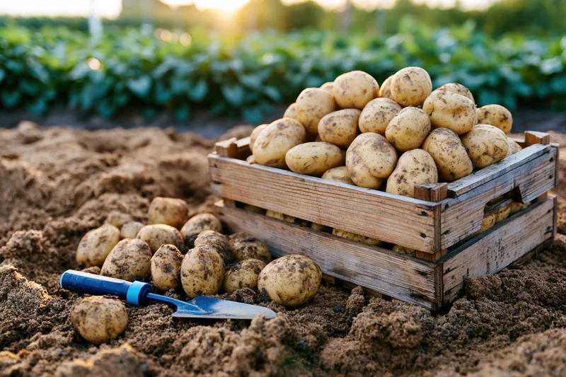 Freshly harvested potatoes piled in a weathered wooden crate on tilled soil in a field at sunset