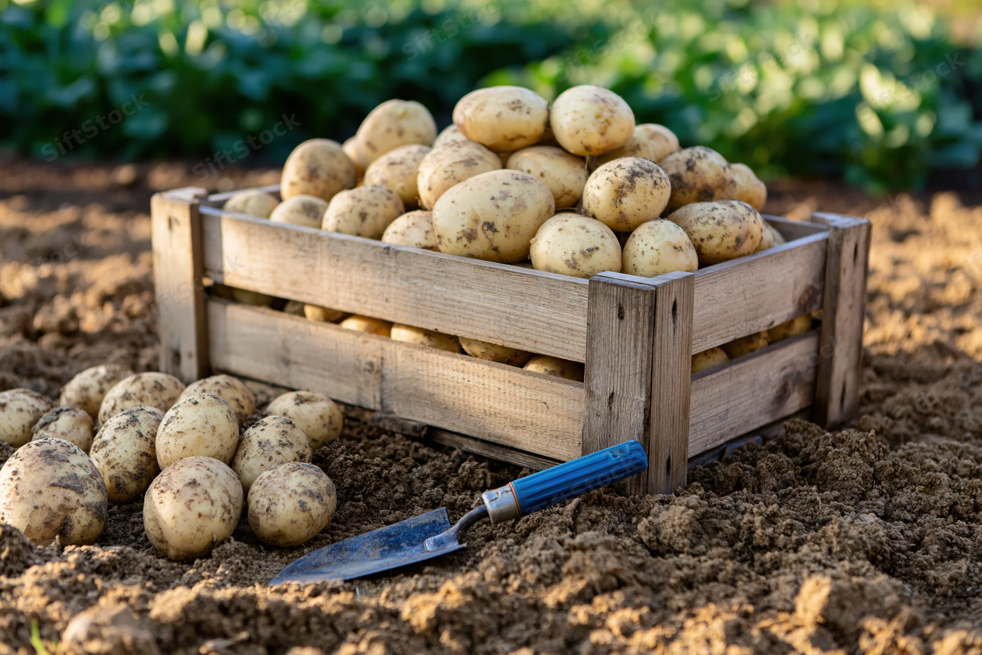 Freshly harvested potatoes piled in a weathered wooden crate on tilled soil in a garden with a blue-handled trowel nearby