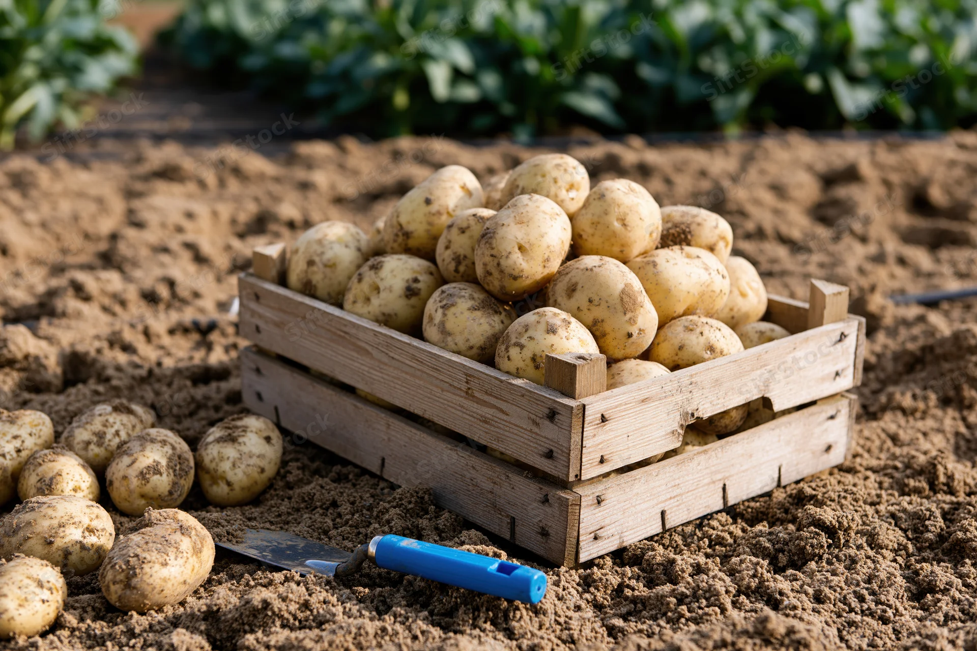 Freshly harvested potatoes piled in a weathered wooden crate on tilled soil with a blue-handled trowel nearby