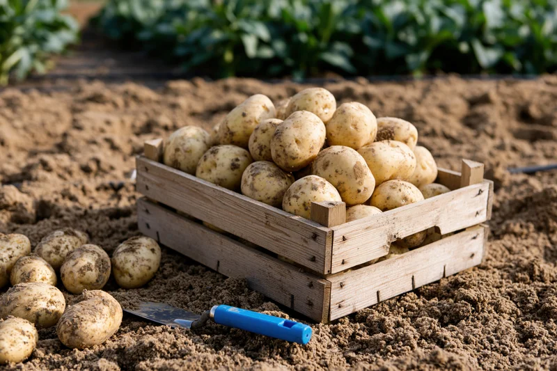 Freshly harvested potatoes piled in a weathered wooden crate on tilled soil with a blue-handled trowel nearby