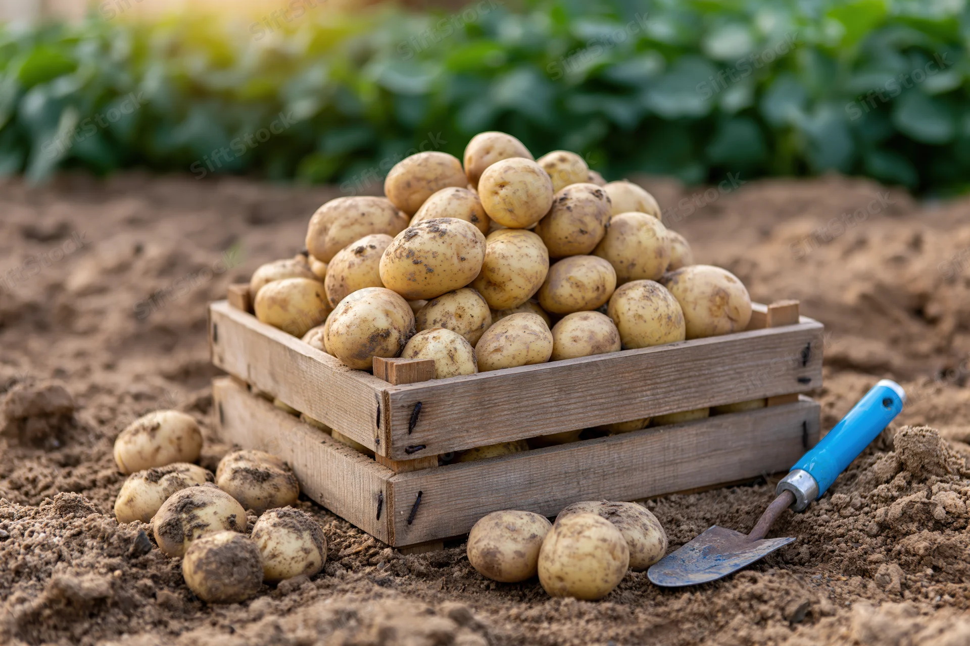 Freshly harvested potatoes piled in a weathered wooden crate on tilled soil with a blue-handled trowel beside it
