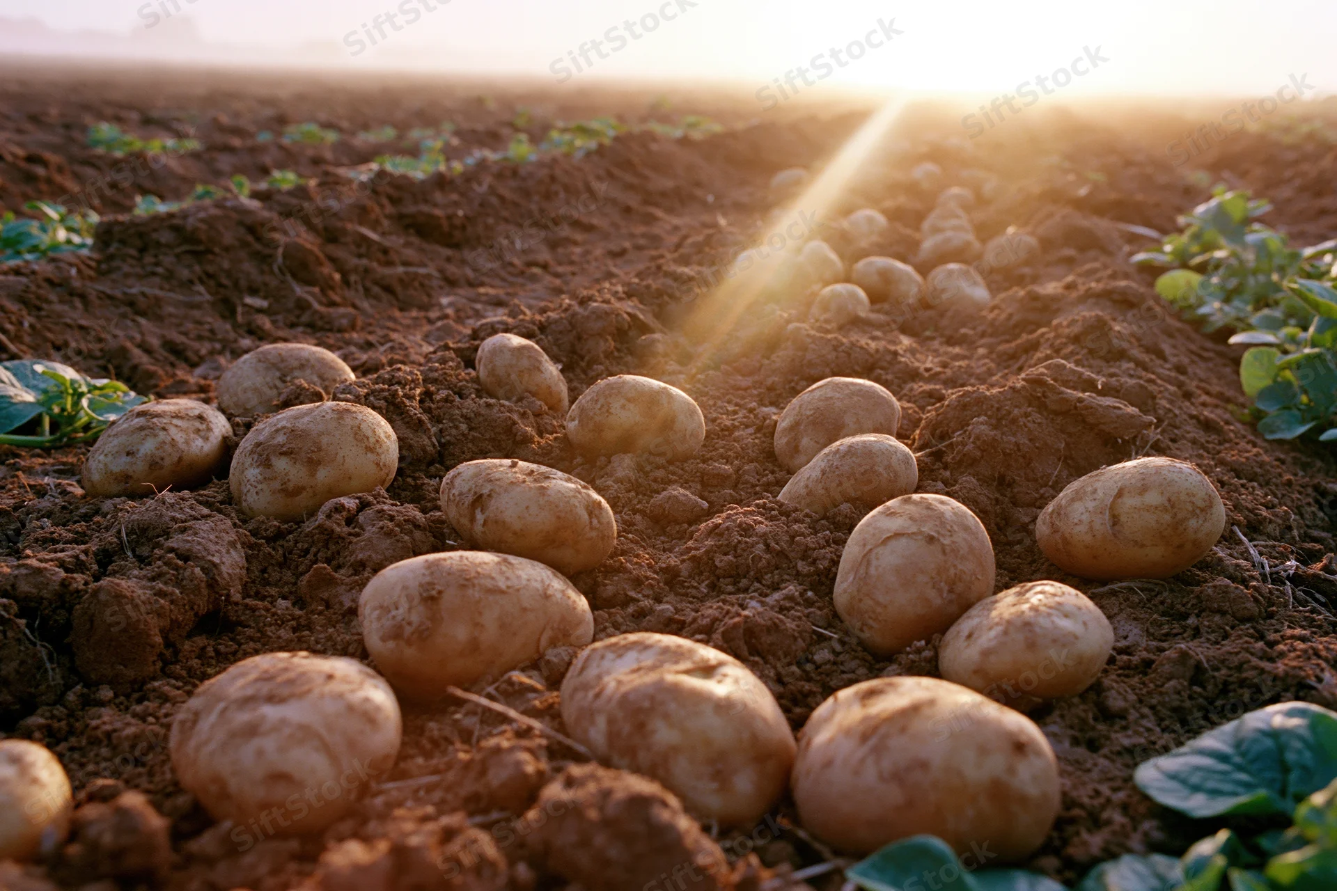 Freshly harvested potatoes scattered across churned red-brown soil in a field at sunset