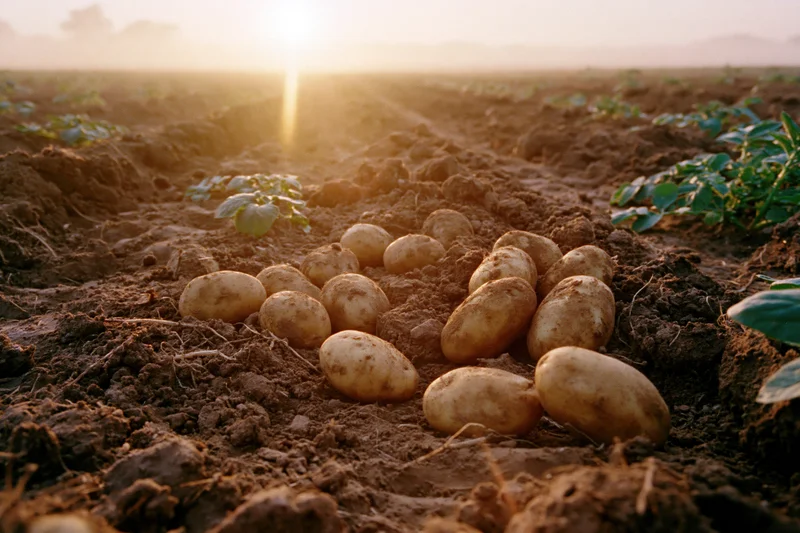Freshly harvested potatoes scattered across churned soil in a field at sunset