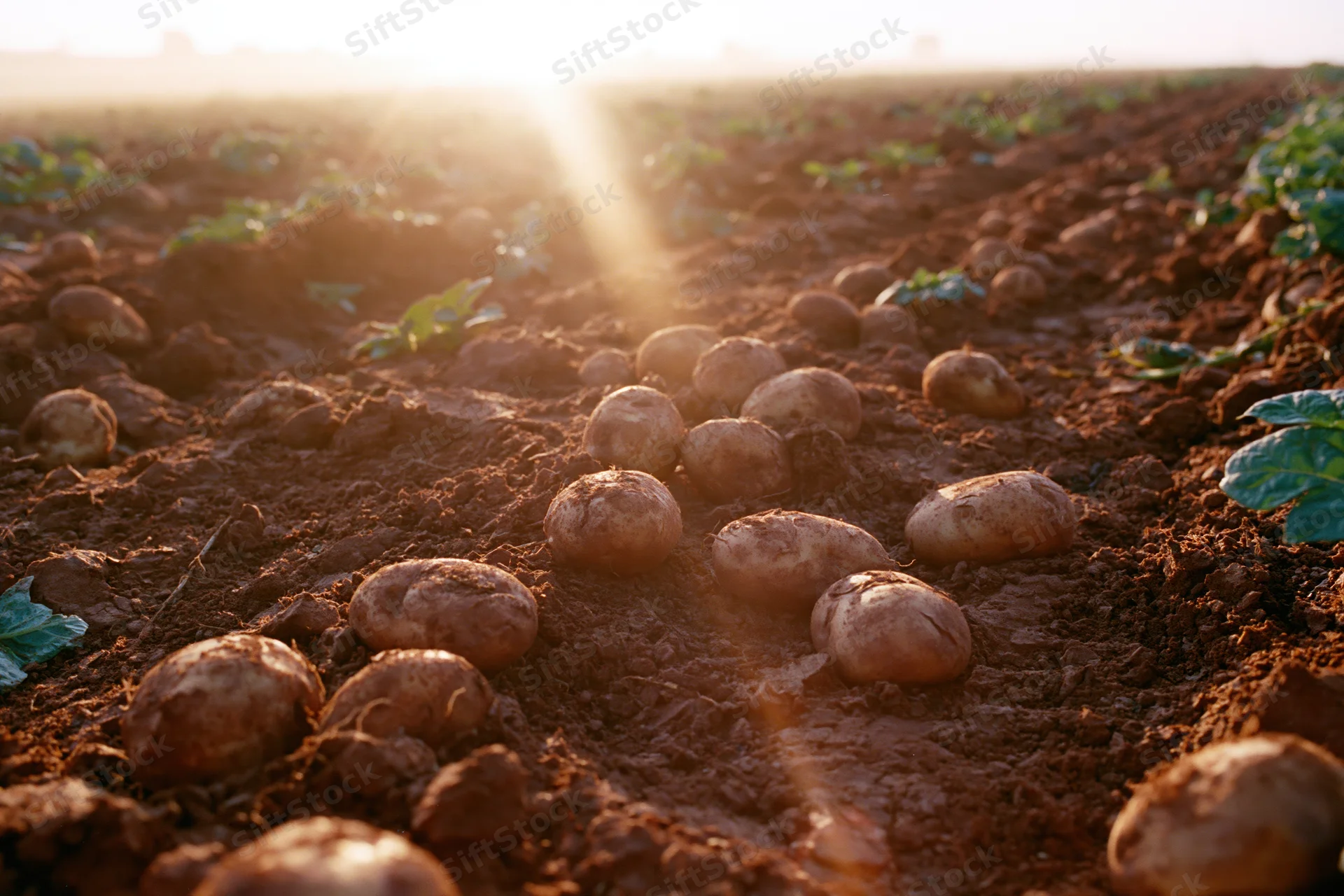 Freshly harvested potatoes scattered across churned red-brown soil in a field at sunrise