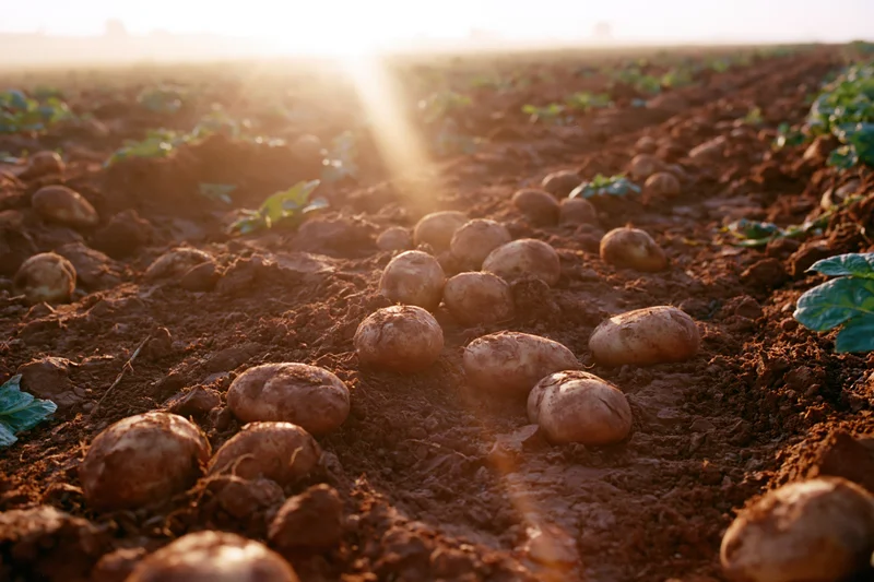 Freshly harvested potatoes scattered across churned red-brown soil in a field at sunrise
