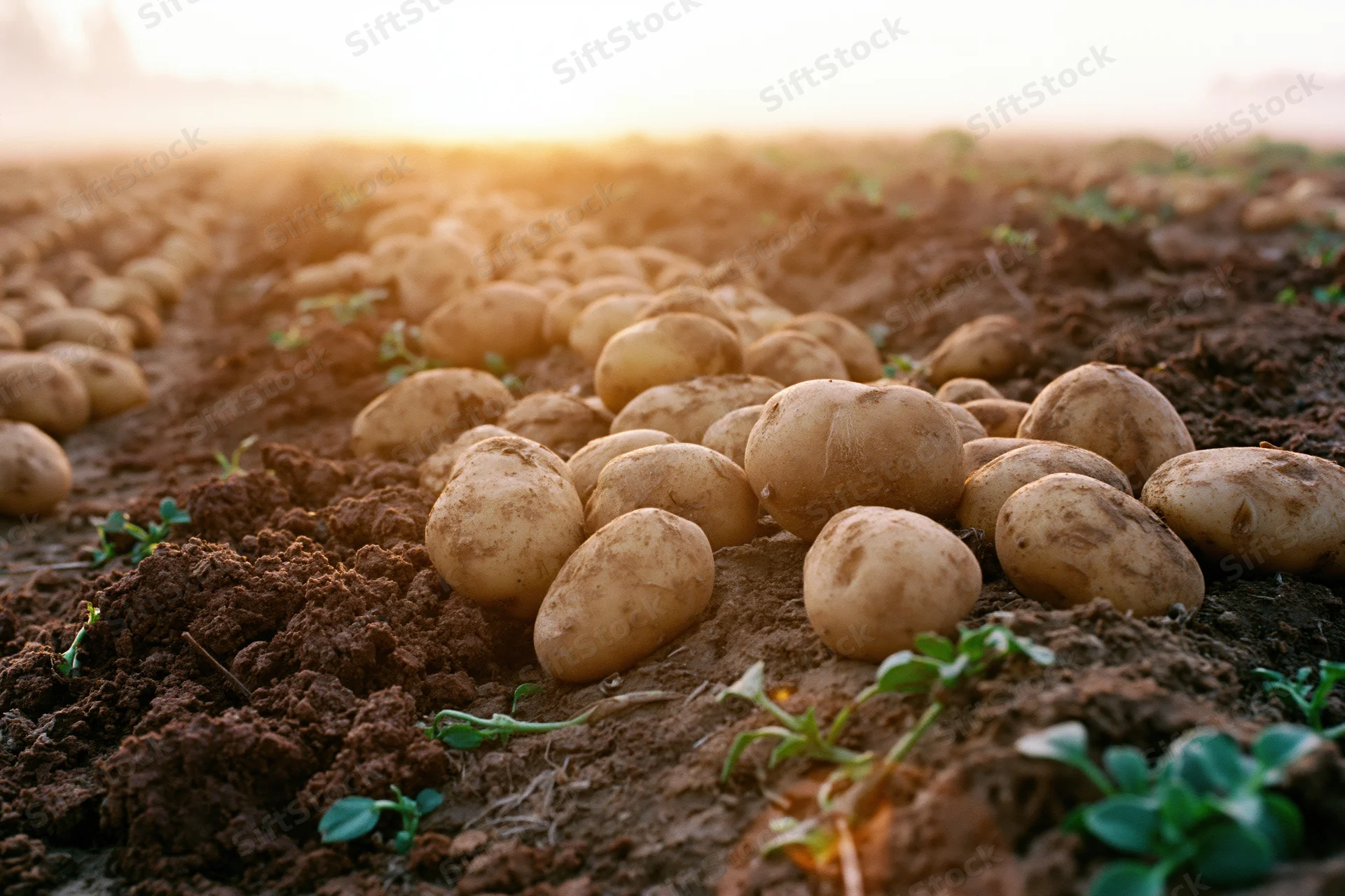 Freshly harvested potatoes scattered across plowed furrows in a field at sunset