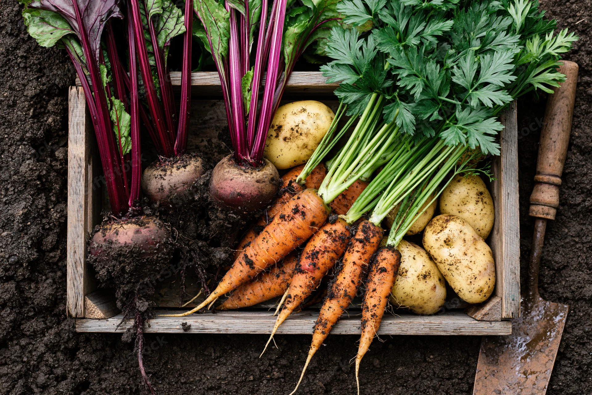 Freshly harvested root vegetables arranged in a weathered wooden crate on soil with a trowel beside it