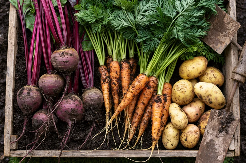 Freshly harvested root vegetables arranged in a weathered wooden crate with soil and gardening tools