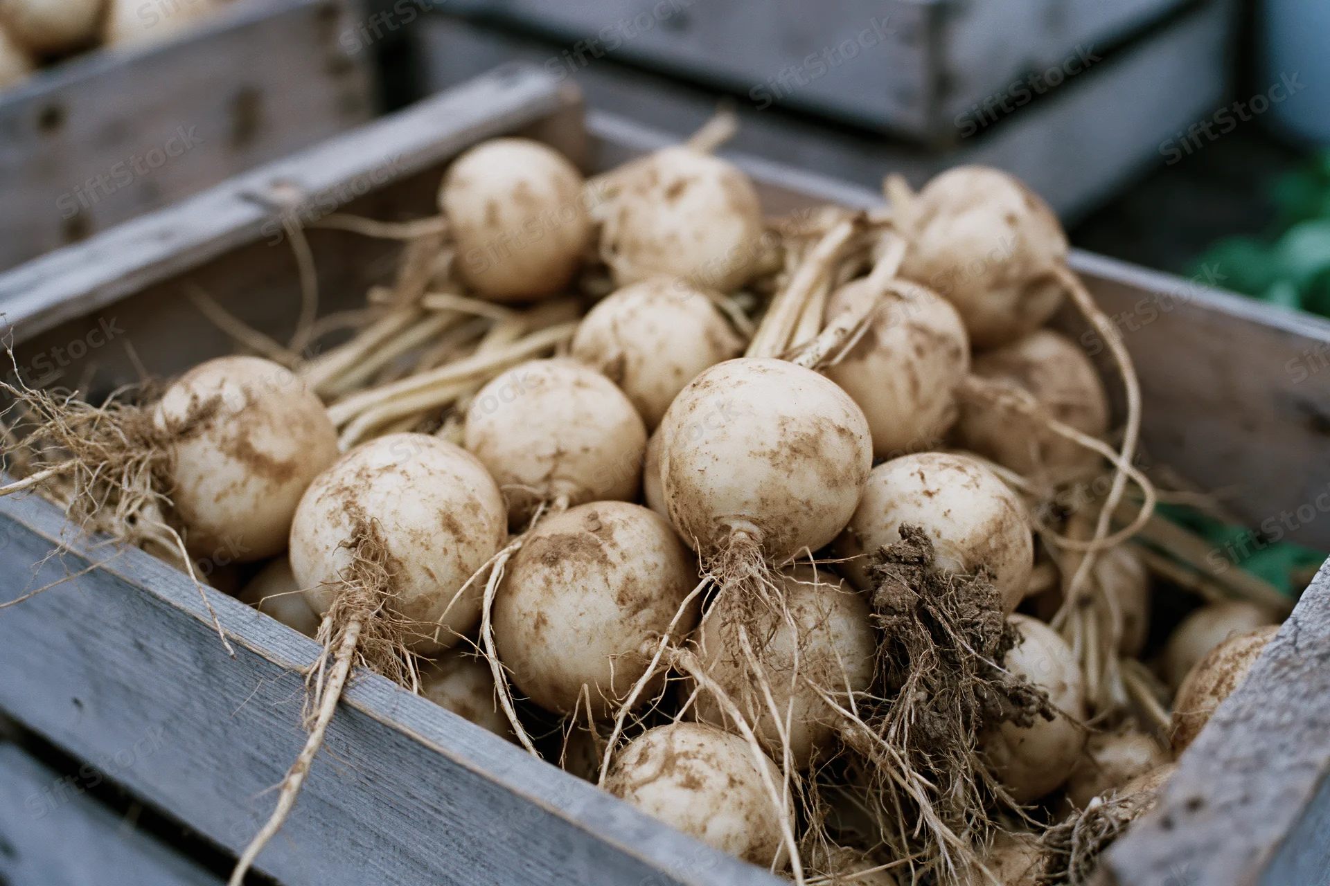 Freshly harvested turnips piled in a weathered wooden crate