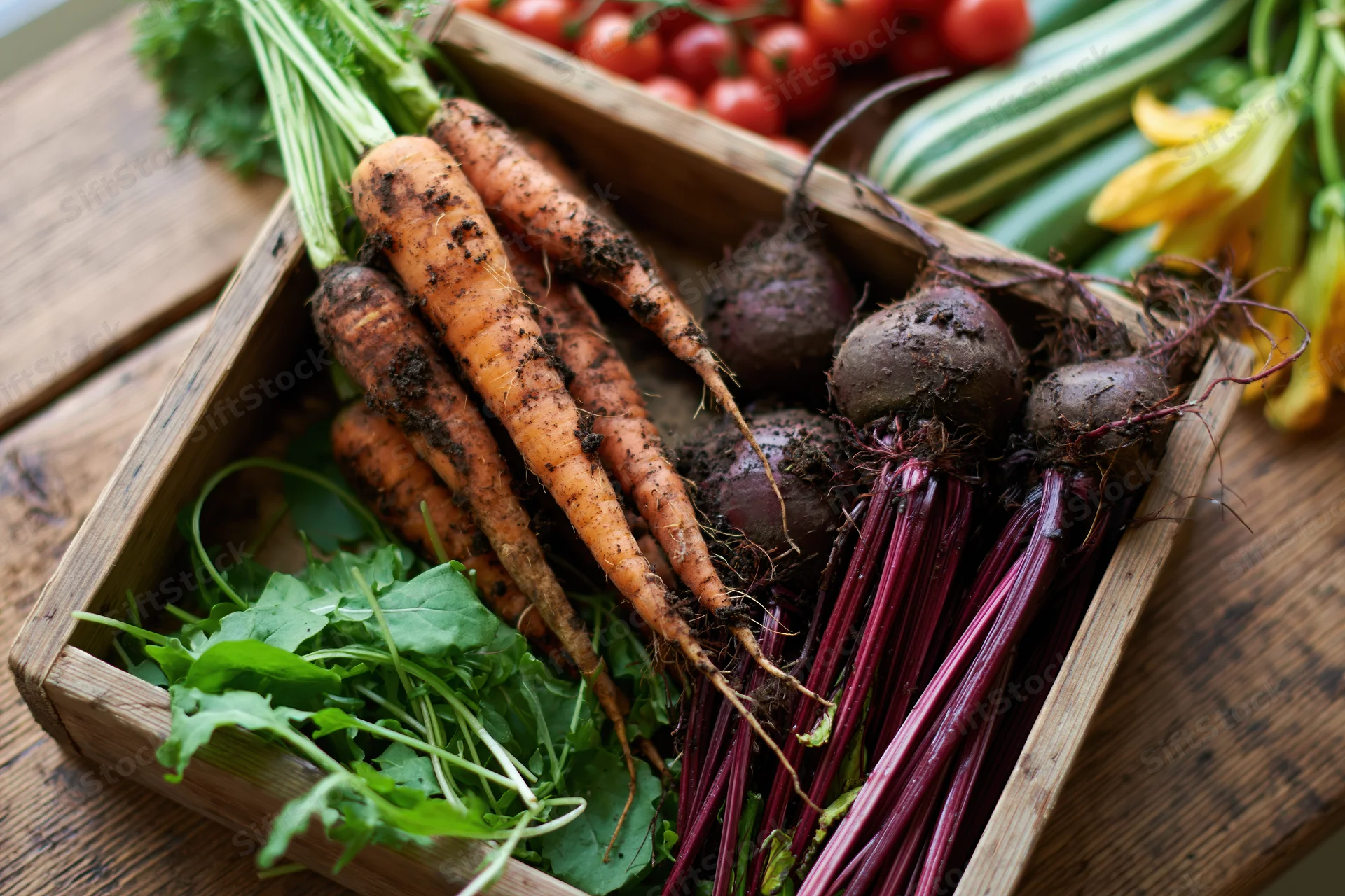 Freshly harvested vegetables arranged in a shallow wooden crate on a rustic wooden table