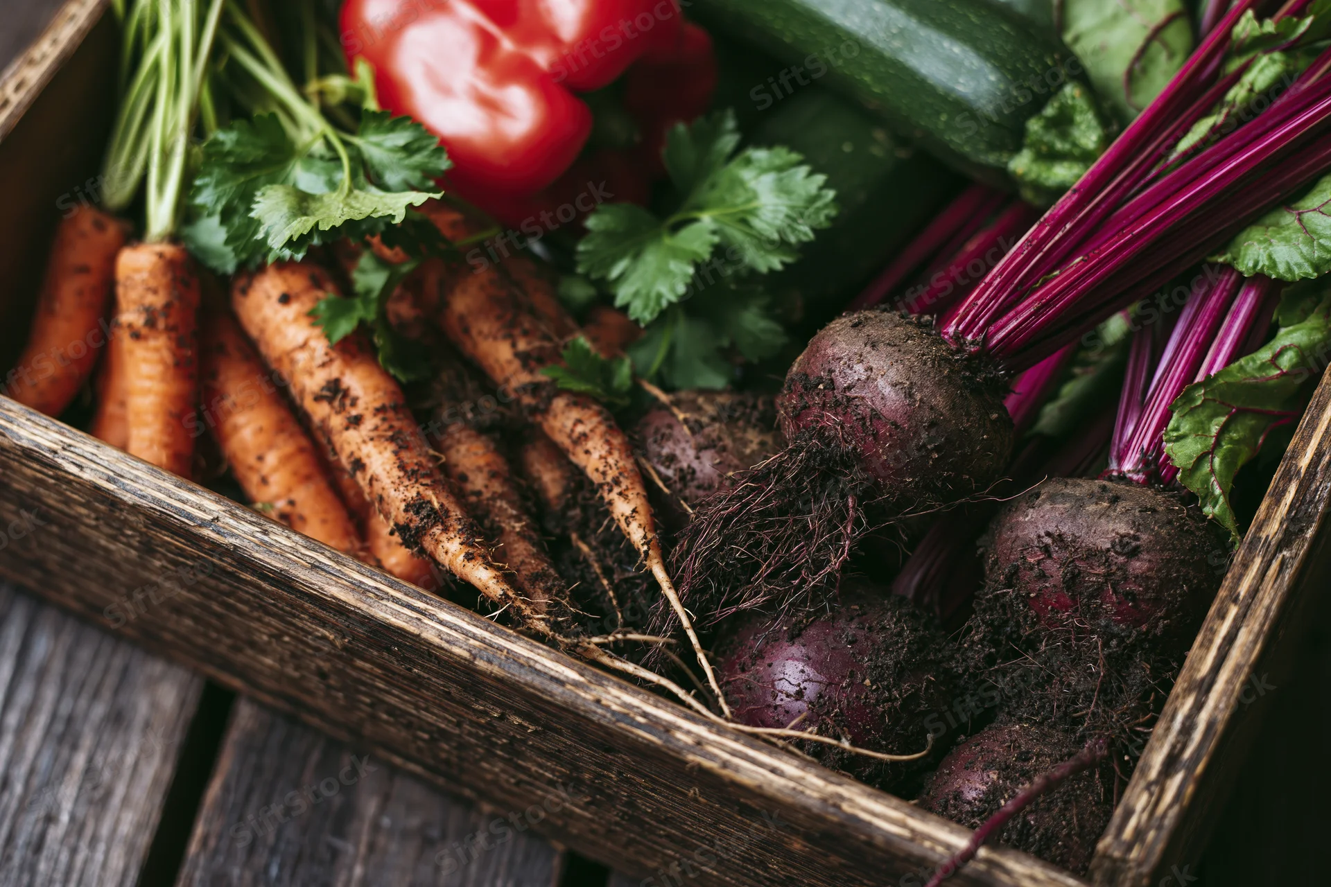 Freshly harvested vegetables including muddy beets with roots and carrots in a wooden crate on a rustic surface