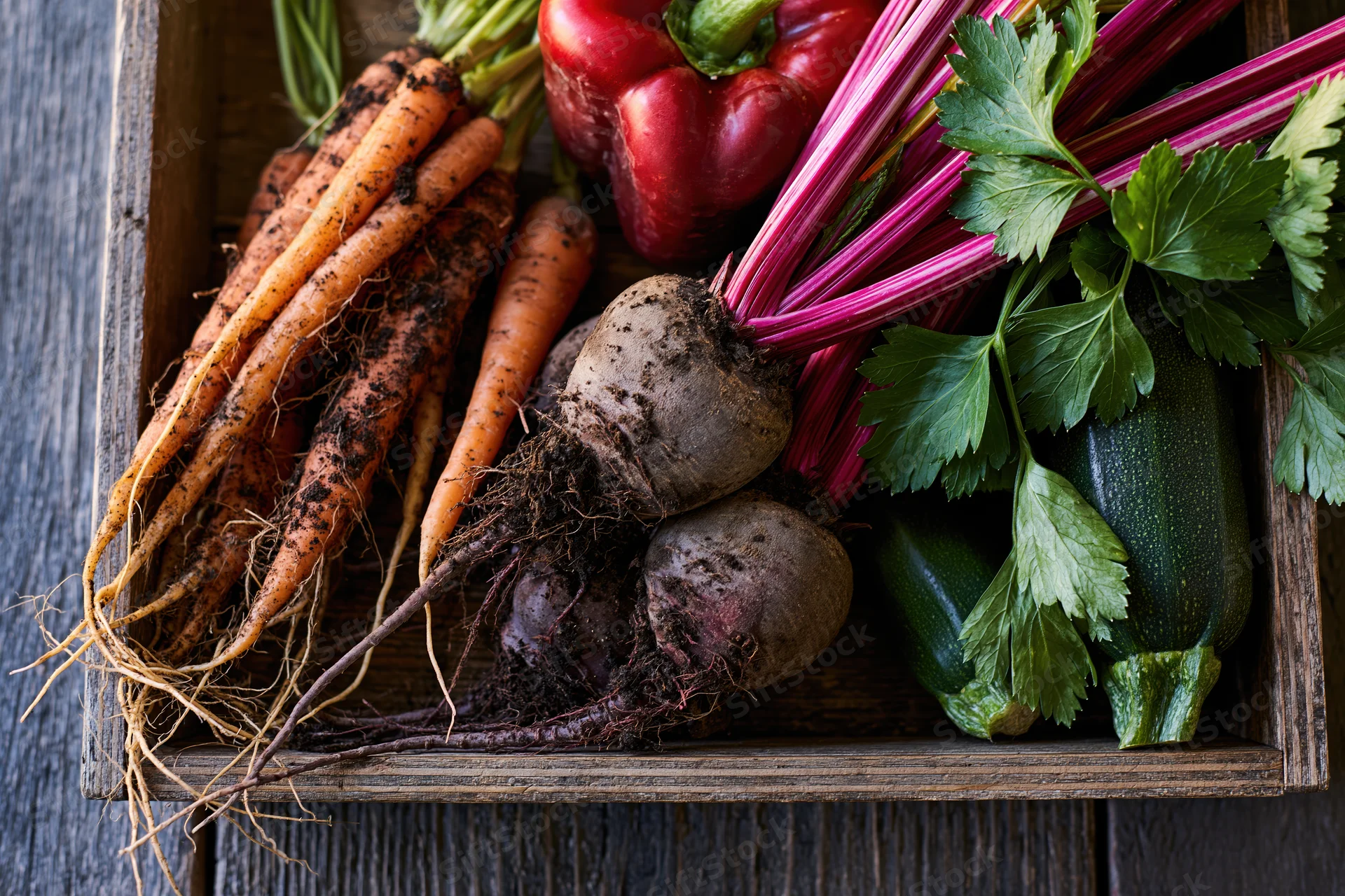 Freshly harvested vegetables with soil on roots arranged in a wooden crate on a dark wooden surface