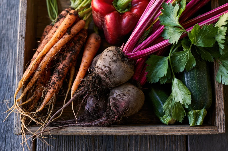 Freshly harvested vegetables with soil on roots arranged in a wooden crate on a dark wooden surface