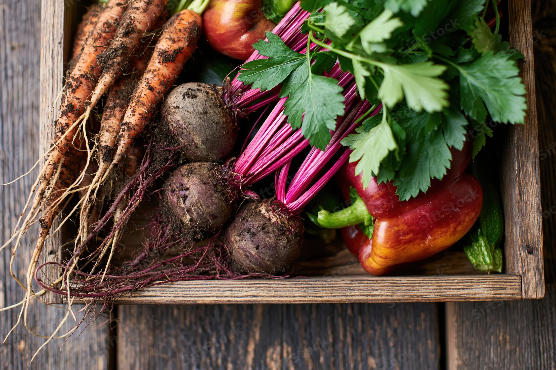 Freshly harvested vegetables with soil still on roots arranged in a wooden crate on a dark wood surface