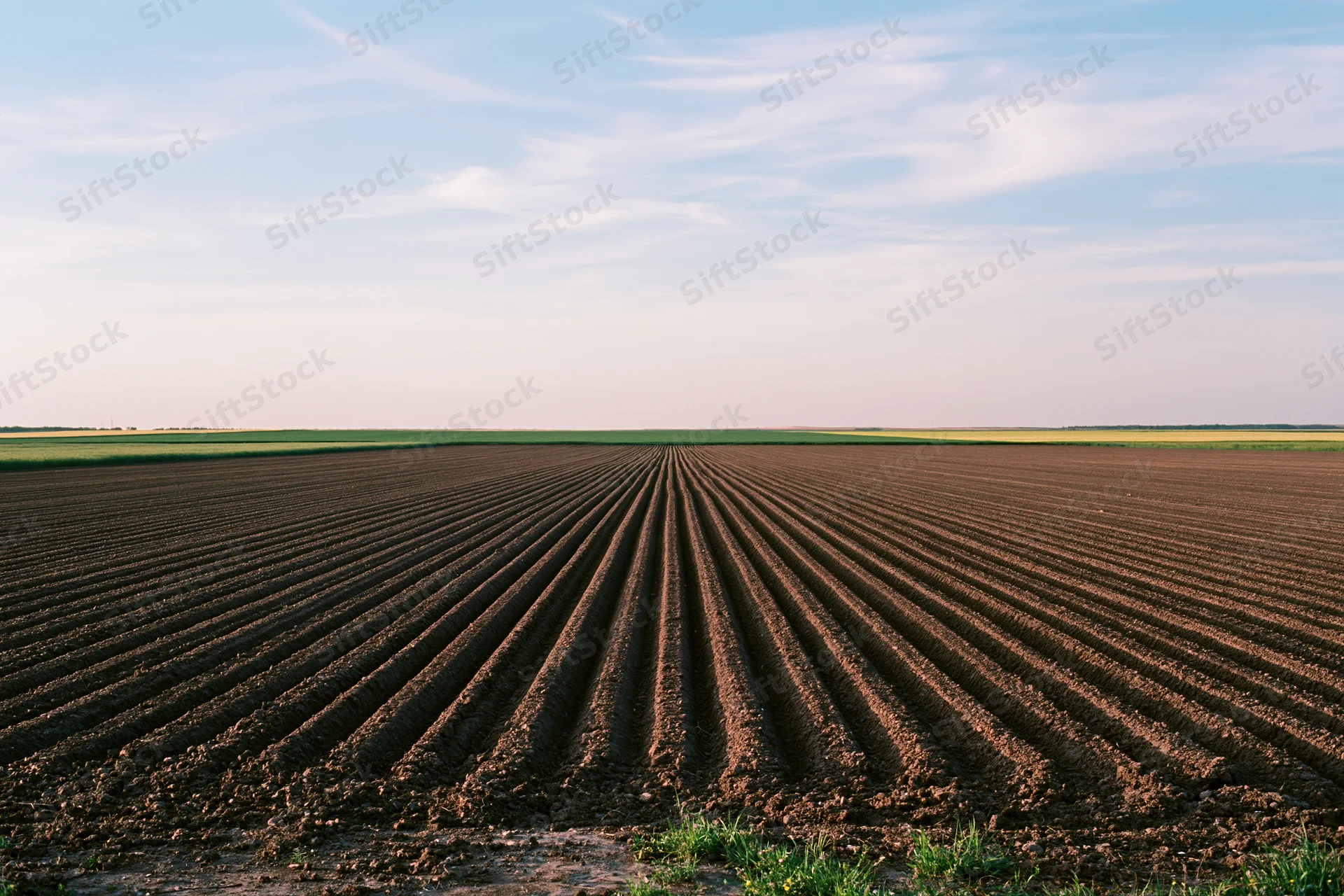 Freshly plowed field with parallel furrow rows stretching toward the horizon under a clear sky