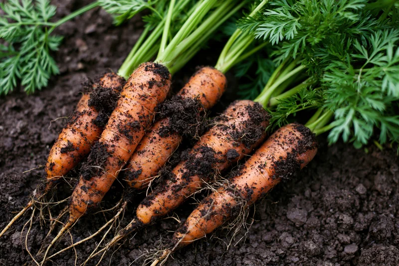 Freshly pulled carrots with green tops lying on dark soil in a garden bed
