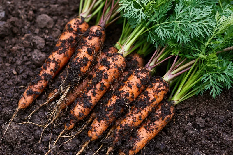 Freshly pulled carrots with green tops lying on dark soil in a garden bed