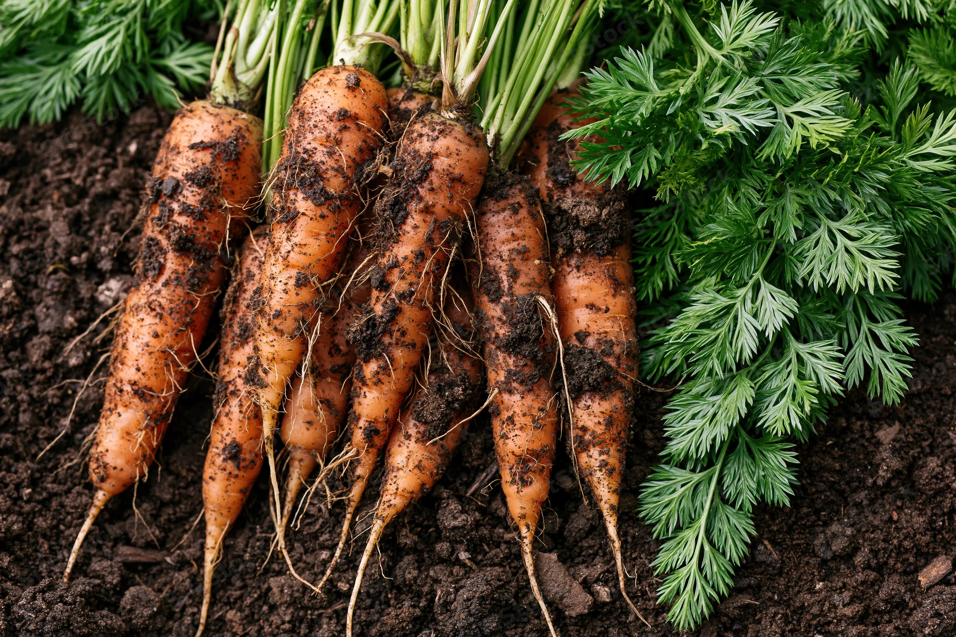 Freshly pulled carrots with green tops lying on dark soil in a garden bed