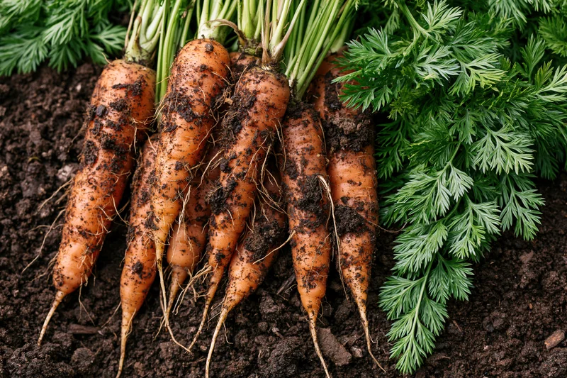 Freshly pulled carrots with green tops lying on dark soil in a garden bed