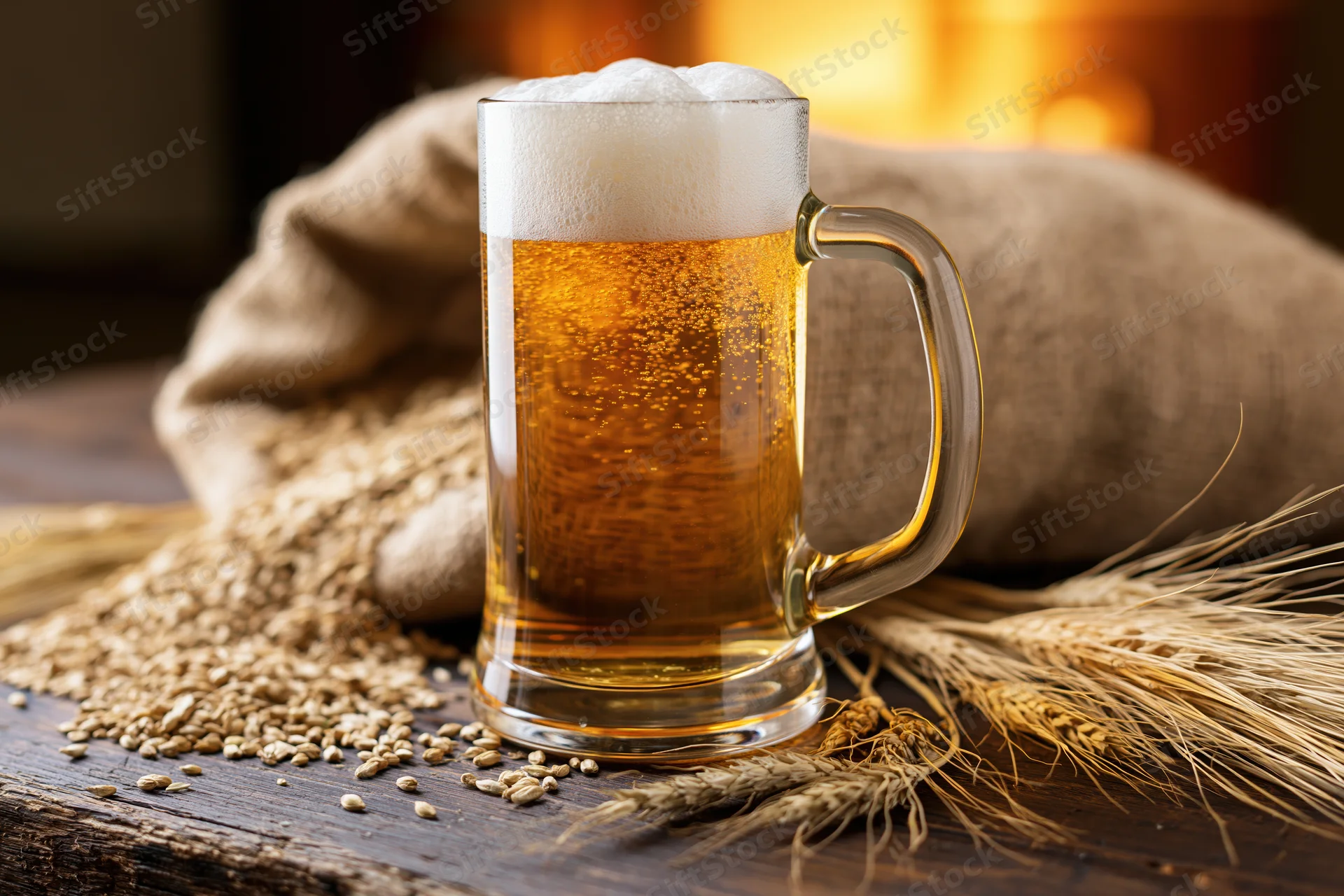 Glass beer mug filled with golden lager and foamy head sitting on wooden table with wheat stalks and scattered grains beside burlap sack