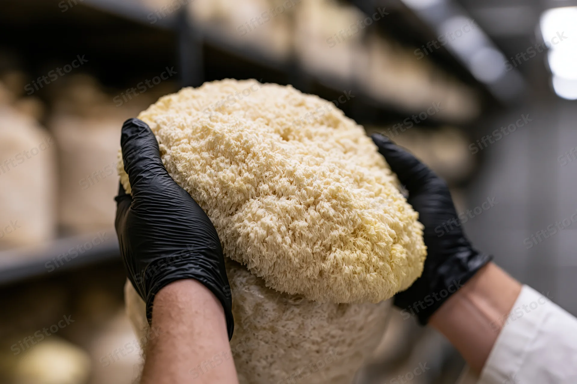 Hands in black nitrile gloves holding a large lions mane mushroom in a cultivation facility