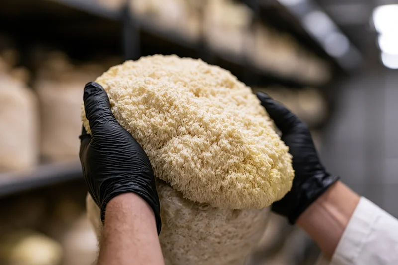 Hands in black nitrile gloves holding a large lions mane mushroom in a cultivation facility