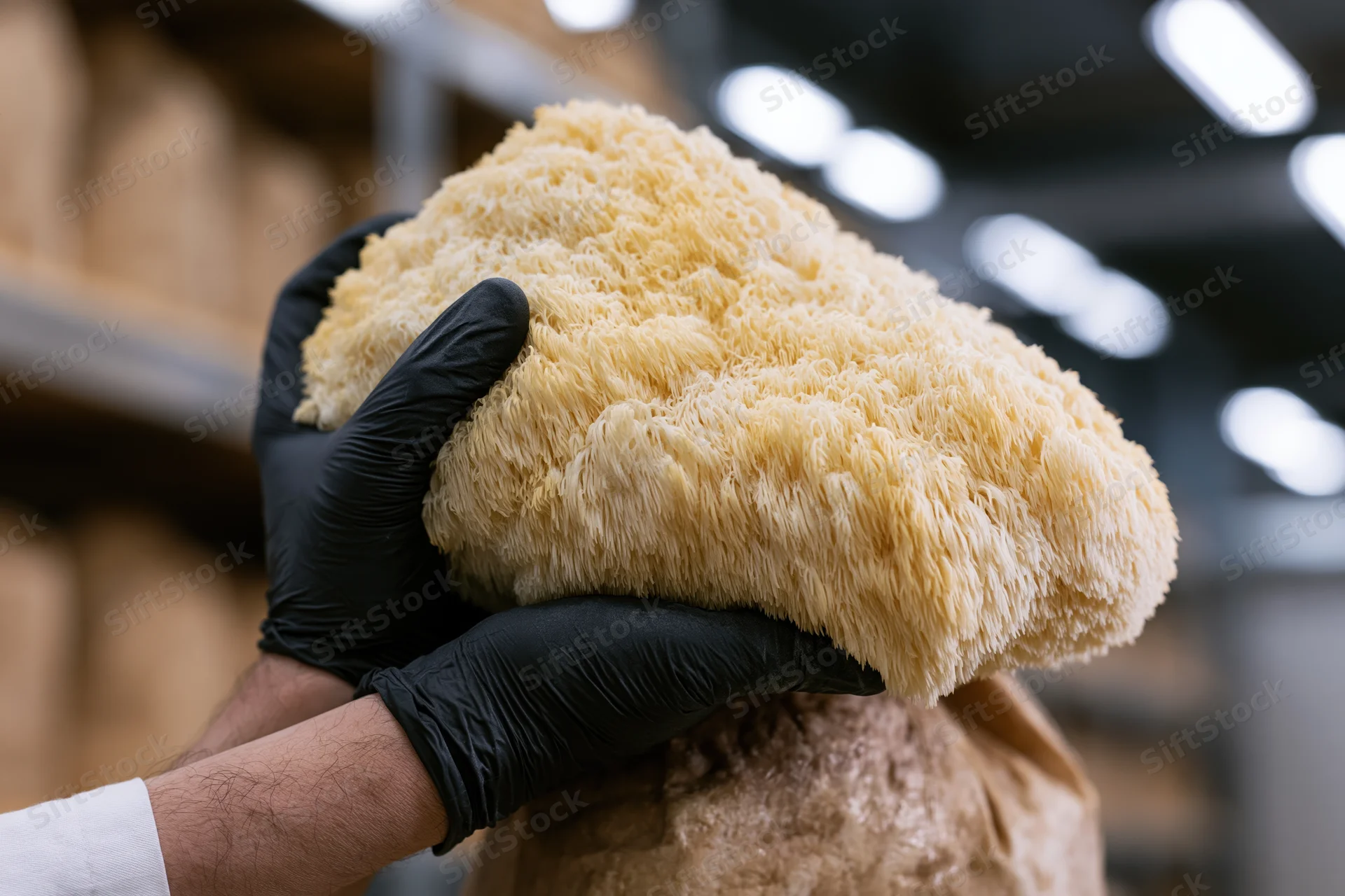 Gloved hands holding a large lions mane mushroom in a cultivation facility