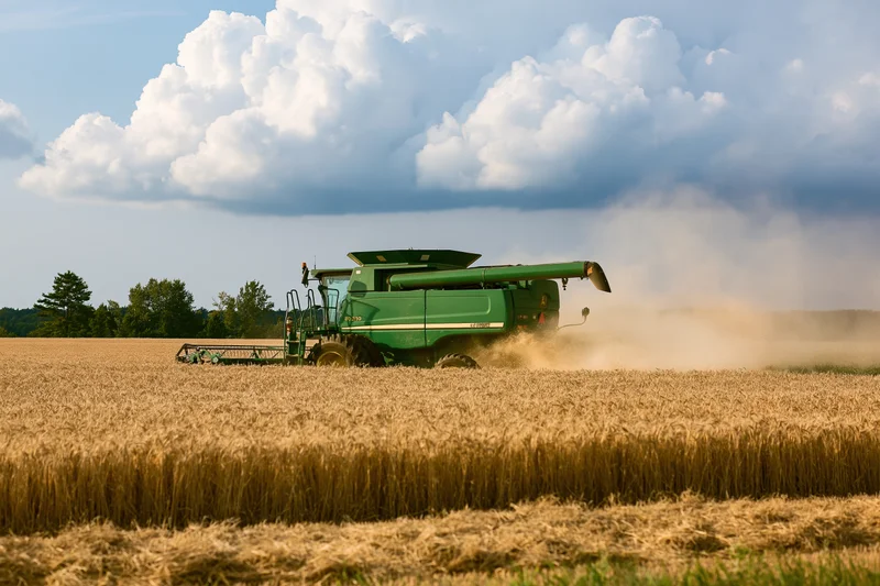Green combine harvester cutting through golden wheat field under cloudy sky
