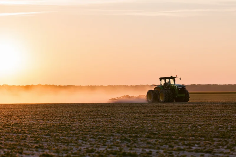 Green tractor pulling tillage equipment across flat agricultural field at sunset