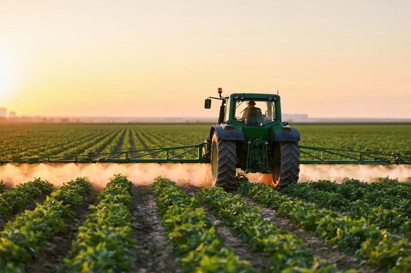 Green tractor with extended spray boom applying pesticide to rows of crops in a field at sunset