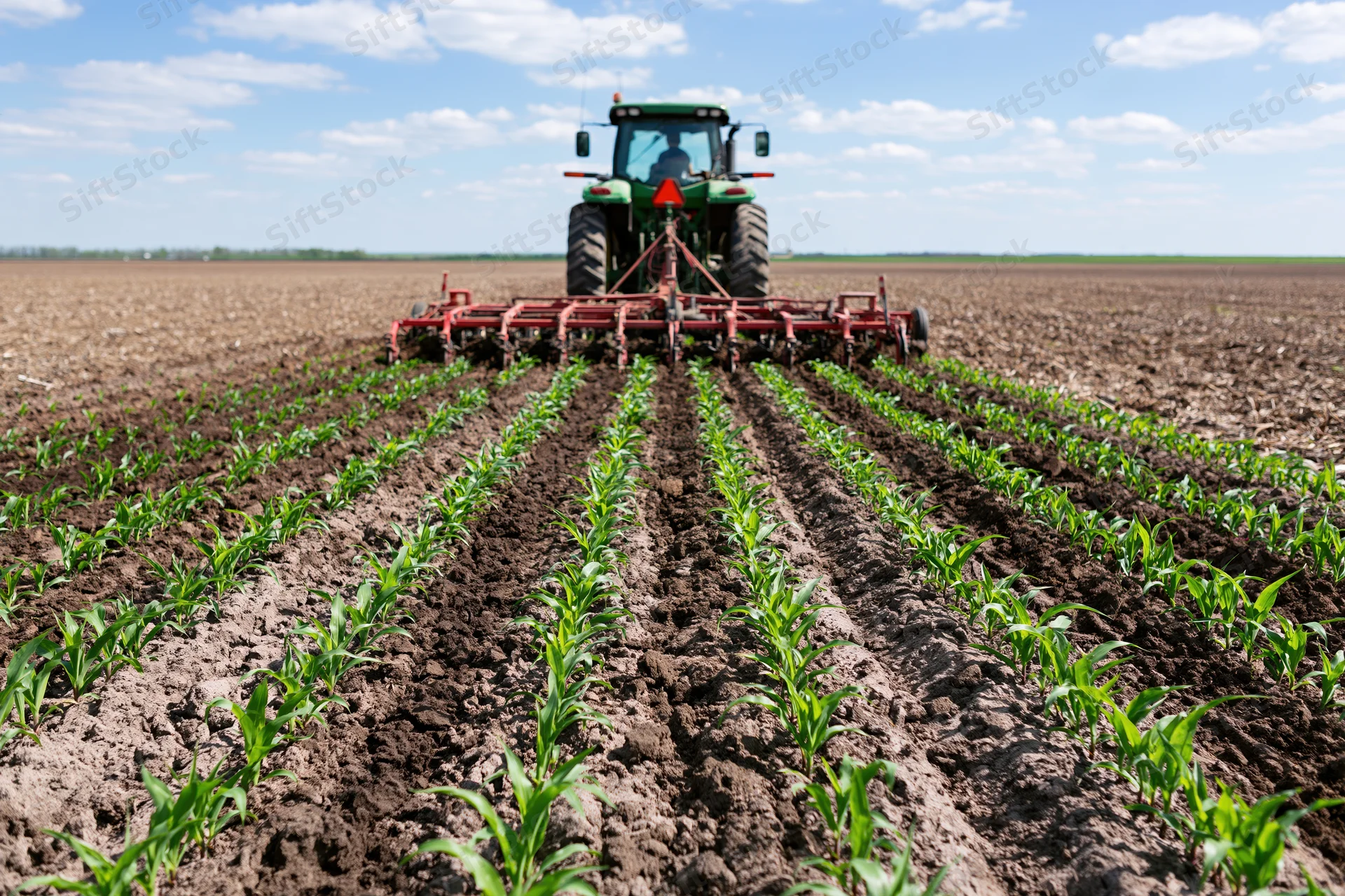 Green tractor with red cultivator moving away across a cornfield in rural farmland
