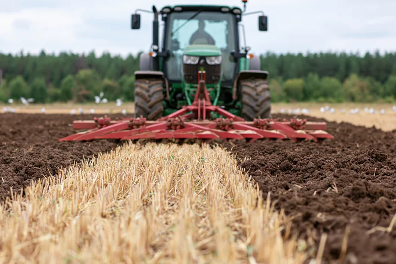Green tractor with red multi-blade plow tilling a field after harvest