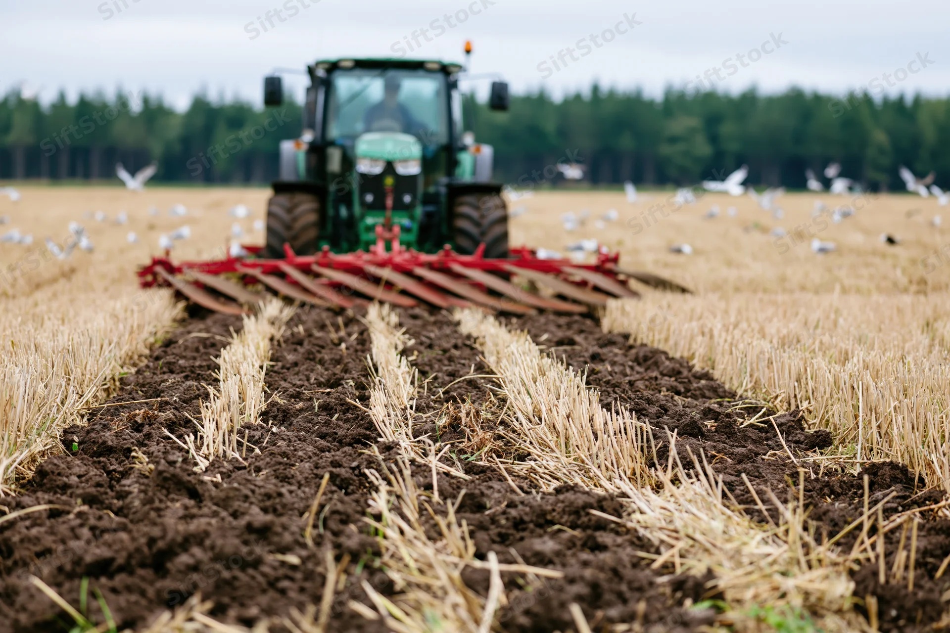 Green tractor with red multi-blade plow tilling a harvested field, leaving furrows in the soil