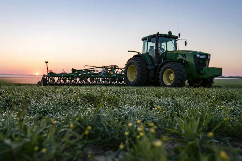 Green farm tractor with wide multirow planting attachment working in a grassy field at sunset