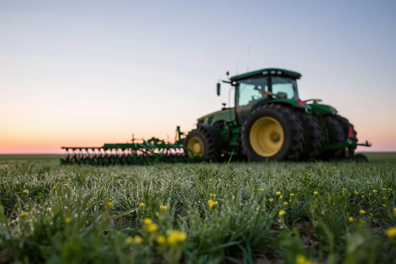 Green tractor with multirow planting attachment working in a grassy field at dusk