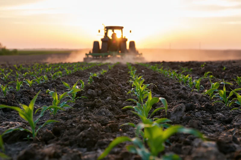 Green tractor moving away through rows of young corn seedlings in a field at sunset