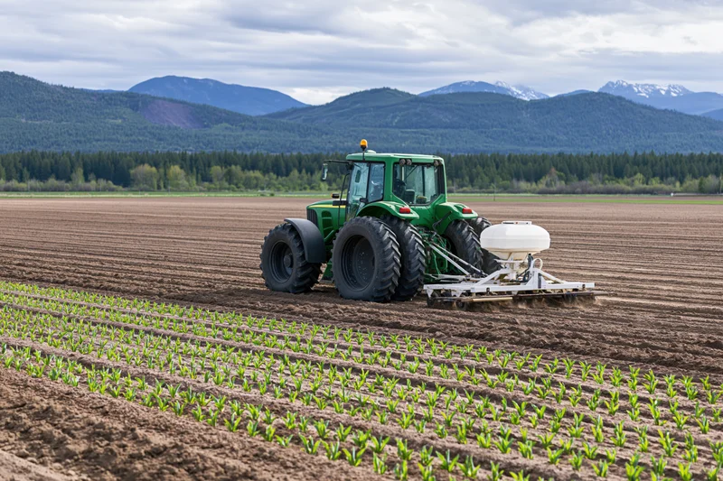 Green tractor pulling white seeding attachment across tilled field with rows of young crops, mountains in background