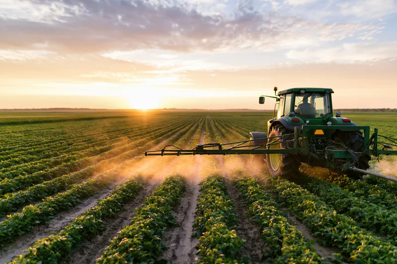 Green tractor spraying pesticide across long parallel rows of crops in a field at sunset