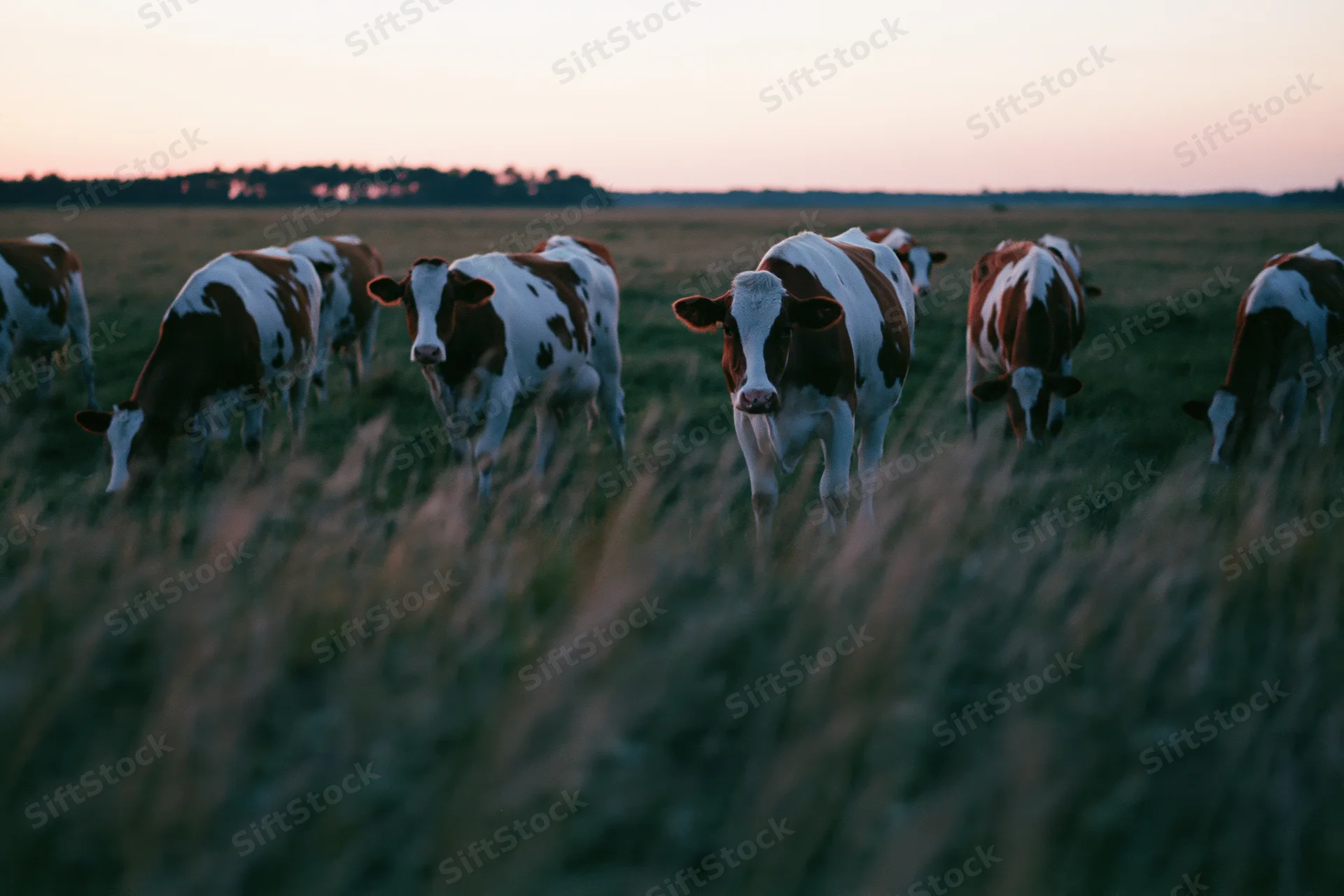Herd of brown and white dairy cows grazing in a wide flat pasture at twilight