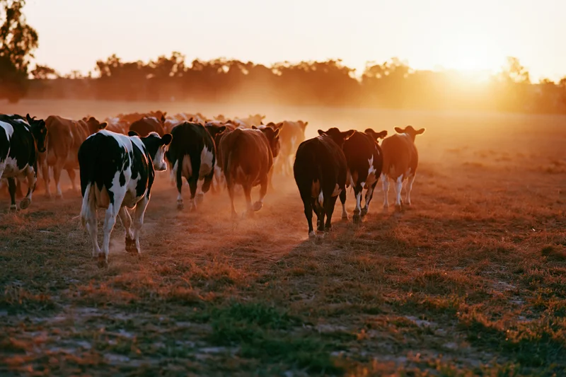 Herd of cattle walking away across a dusty pasture field at sunset