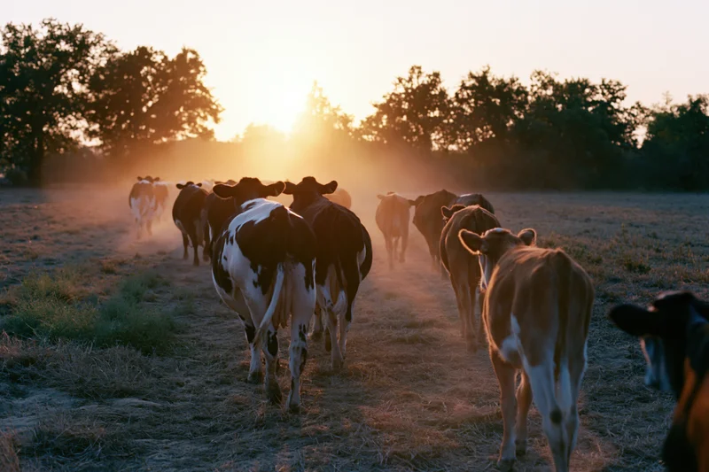 Herd of cattle walking away across a dusty pasture field at sunset