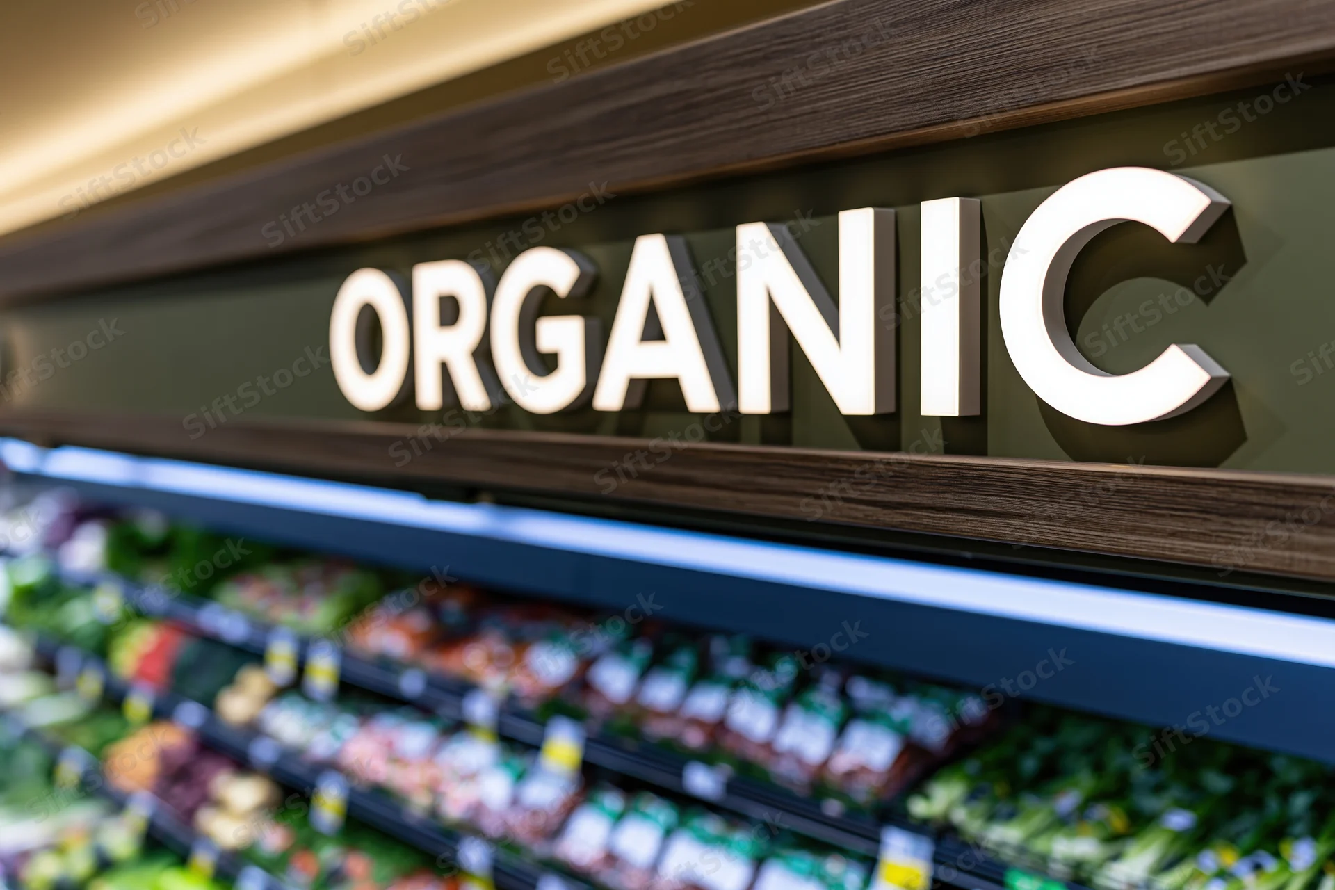 Illuminated organic sign above refrigerated produce shelves in grocery store
