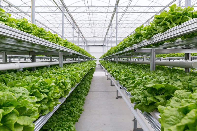 Rows of green lettuce growing in tiered metal channels inside a transparent-roofed greenhouse