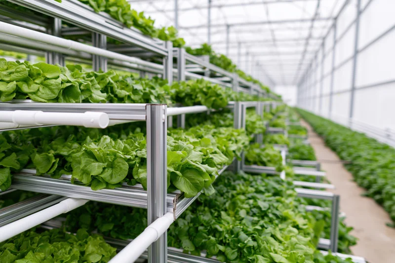 Rows of tiered metal shelves growing leafy green lettuce in an indoor hydroponic greenhouse