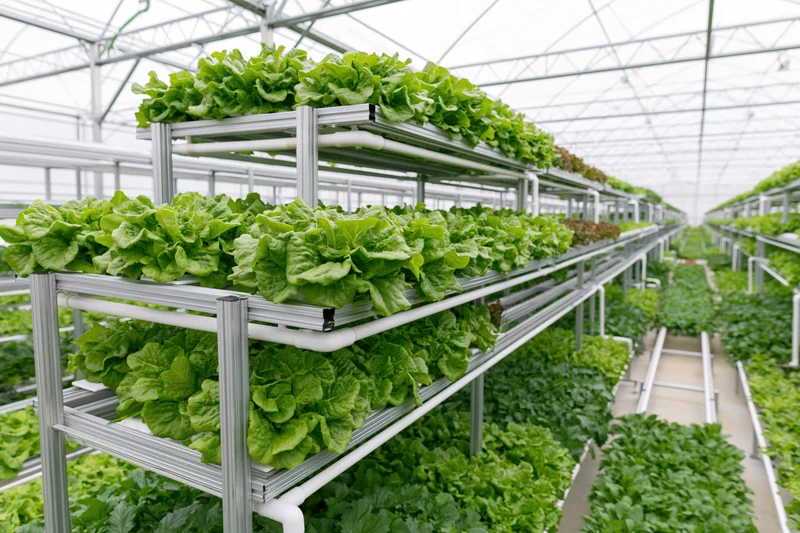Rows of leafy green lettuce growing on tiered metal structures inside a large indoor greenhouse