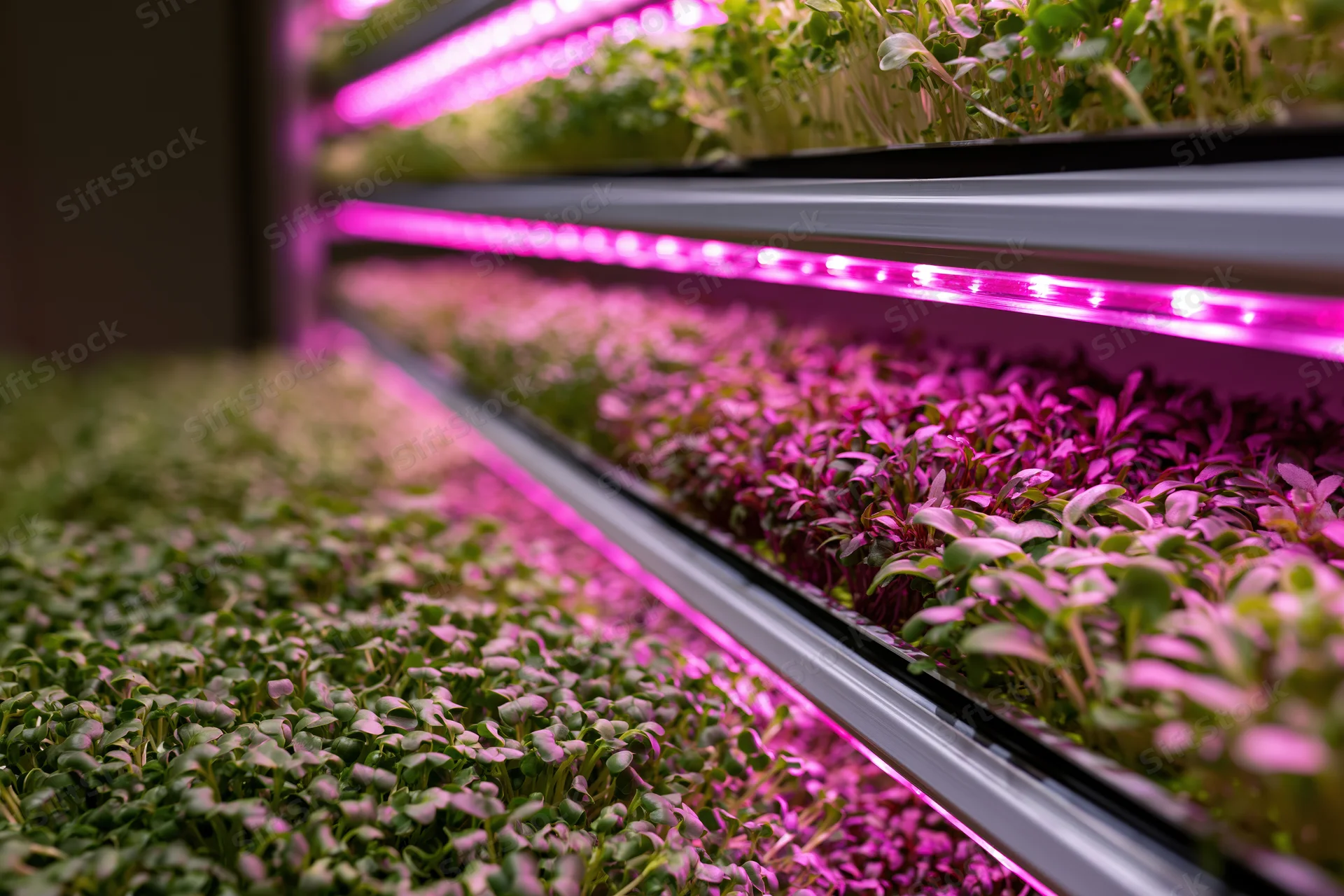 Microgreens growing in rows under pink led lights on vertical shelves indoors