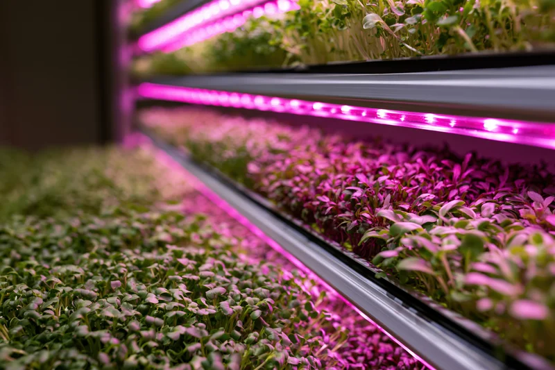 Microgreens growing in rows under pink led lights on vertical shelves indoors