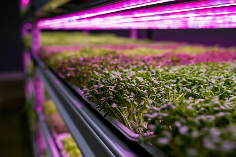 Rows of microgreens growing under pink led lights on vertical shelves in an indoor farm
