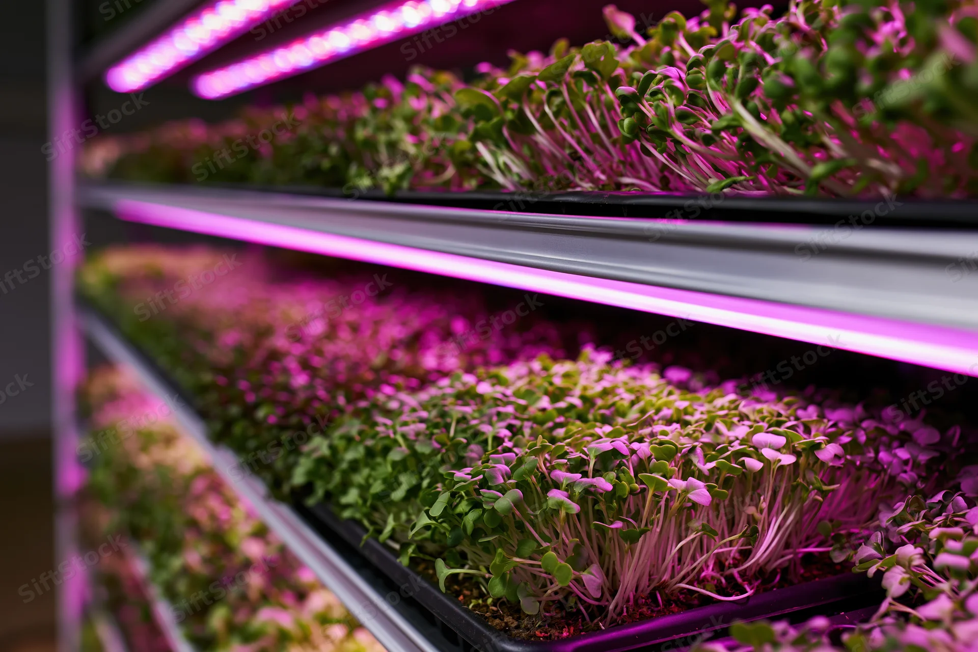 Microgreens growing in rows under pink led lights on vertical shelves indoors